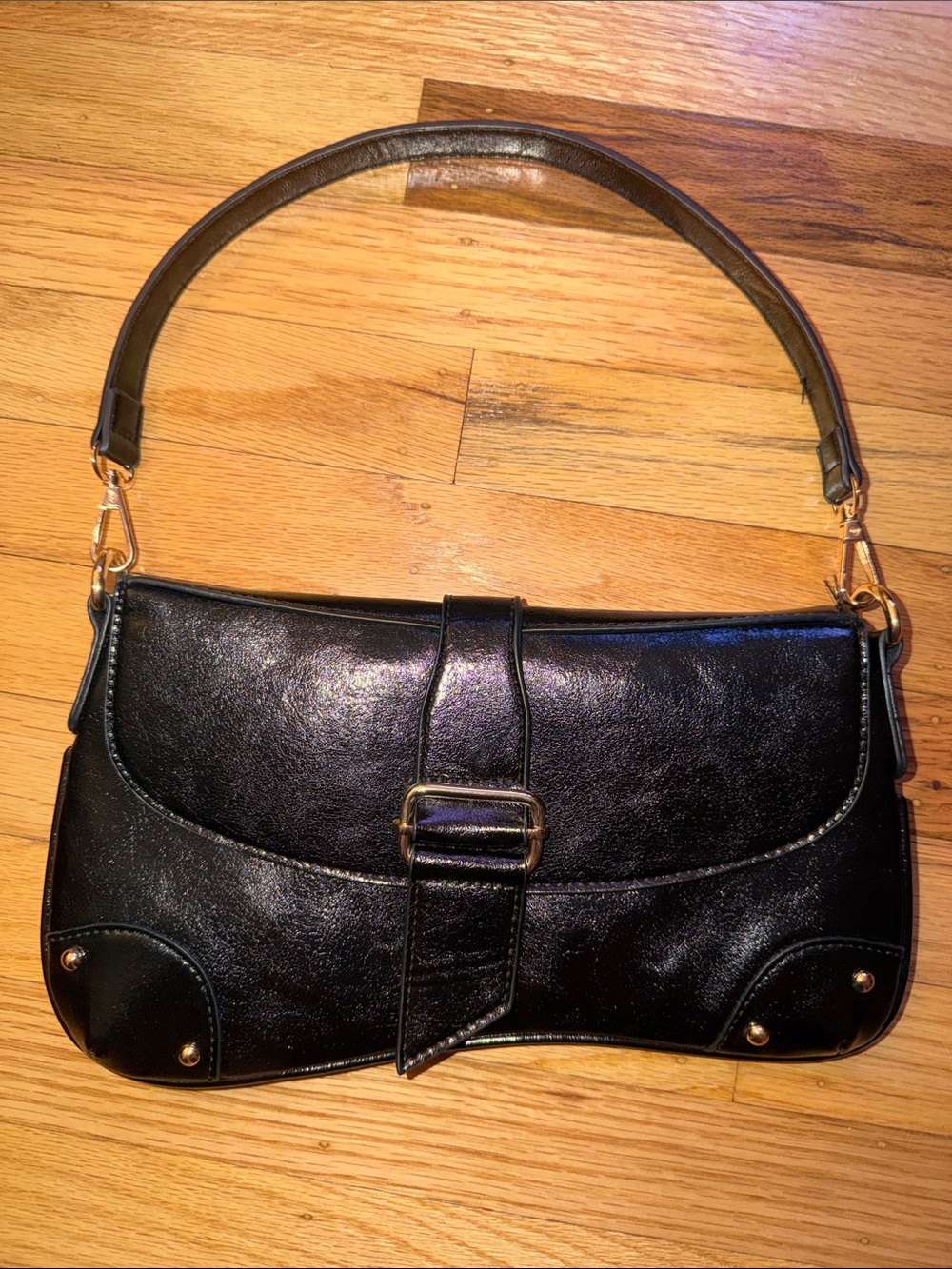 Black Faux Leather and Gold Details Bag